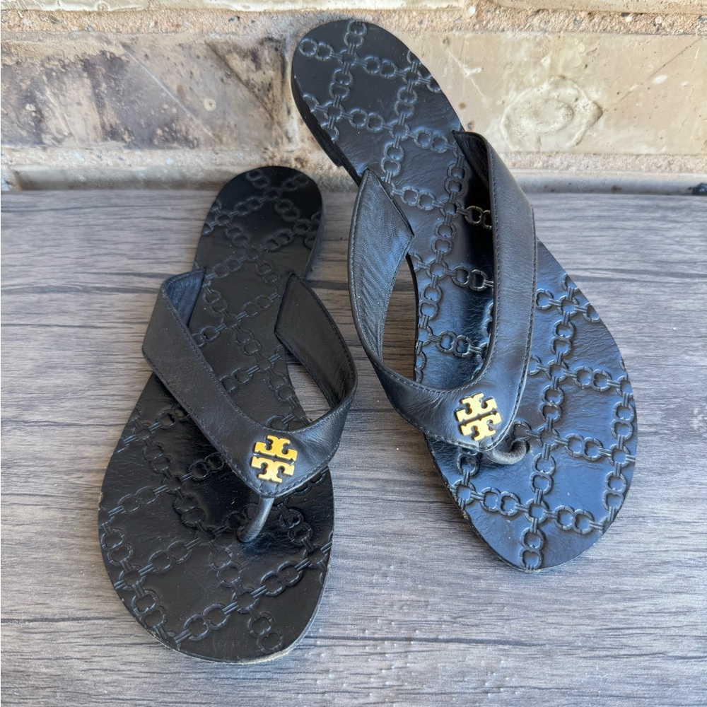 Tory Burch Women’s Leather Monroe Black Thong Sandals Size 7 - Picture 5 of 10